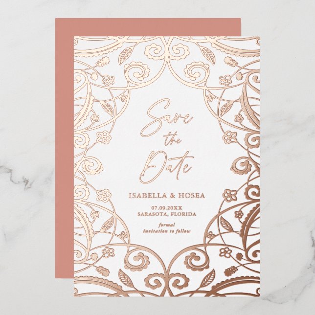 Hübsche Rose Gold Floral Lace Hochzeit Folieneinladung (Vorderseite/Rückseite)