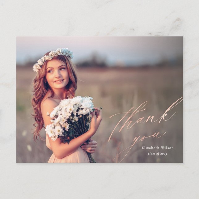 Hübsche Rose Gold Script Foto Abschluss Vielen Dan Postkarte (Vorderseite)
