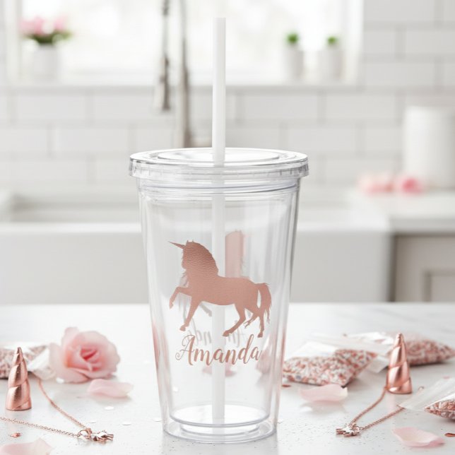 Hübsche Rose Gold Unicorn Personalisiert Girly Acryltrinkbecher (Von Creator hochgeladen)