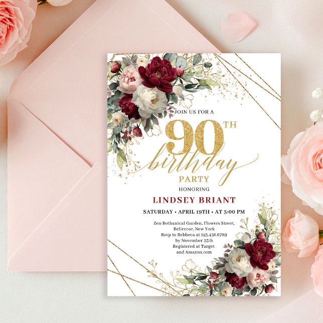 Hübsche roségoldene Floral-Einladung zum 90. Gebur Einladung (Pretty Blush Gold Floral 90th Birthday Invitation Card

)