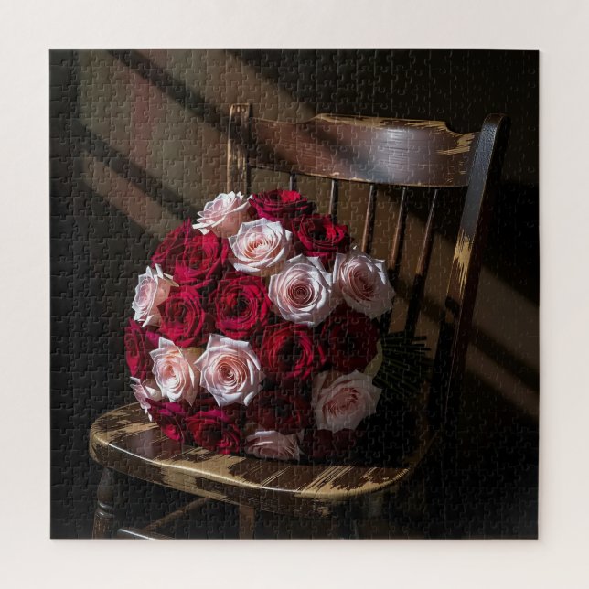 Hübsche Rosen auf einem rustikalen Stuhl   Puzzle (Vertikal)