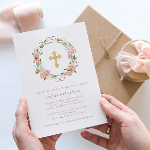 Hübsche Rosen und Goldkreuz   Blumentaufen Einladung