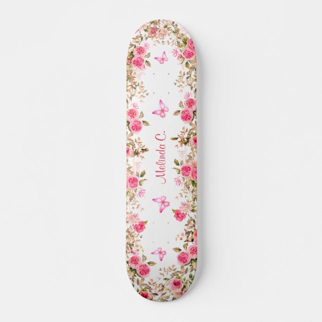 Hübsche Rosen und rosa Schmetterlinge Skateboard (Vorne)
