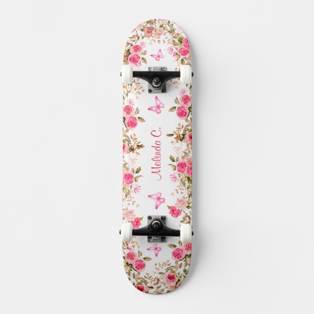 Hübsche Rosen und rosa Schmetterlinge Skateboard (Vorderseite)