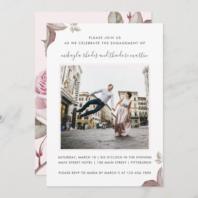 Hübsche Rosenrosen Hochzeitsszeitsfeier Foto Einladung (Vorne/Hinten)