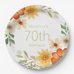 Hübsche Rostgelbe Weiße Blumen 70. Geburtstag Pappteller