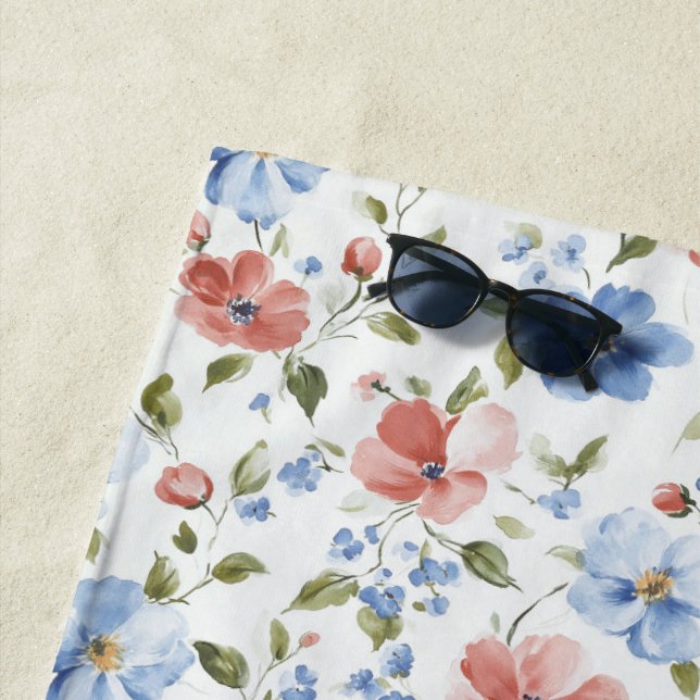 Hübsche rote blaue Blumen Strandtuch (Beispiel)