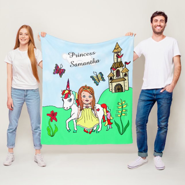 Hübsche Rote Kopfprinzessin und Einhornmärchen Fleecedecke (Beispiel)