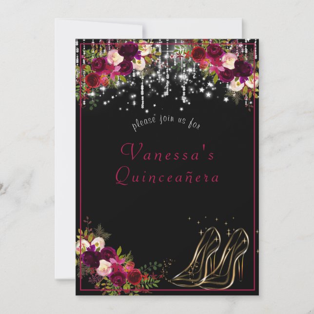 Hübsche Rote Rosen funkeln Sterne Hoch Heels Quinc Einladung (Vorderseite)