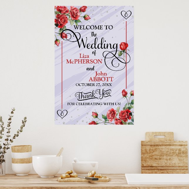 Hübsche Rote Rosen Hochzeitsfeier Poster (Küche)