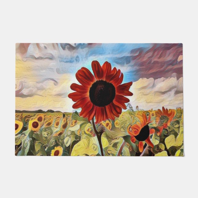 Hübsche Rote Sonnenblume im Feld Digitale Kunst Fußmatte (Vorderseite)