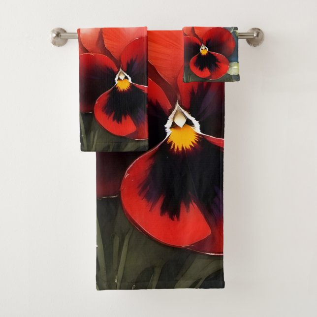Hübsche rote Stiefmütterchen Aquarellmalerei Badhandtuch Set (Insitu)