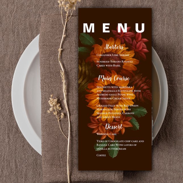 Hübsche Rustikale Burnt Orange Blumenfeier Menükarte (Pretty Rustic Burnt Orange Floral Wedding Party Menu)