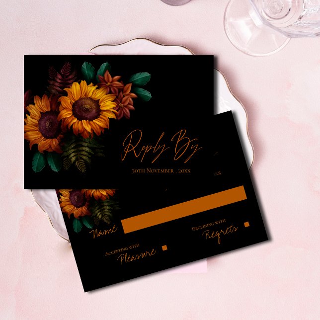 Hübsche Rustikale Schwarze Burnt Orange Blumenhoch RSVP Karte (Pretty Rustic Black Burnt Orange Floral Wedding RSVP Card)