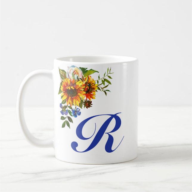 Hübsche rustikale Sonnenblumenmonogramm Kaffeetasse (Links)