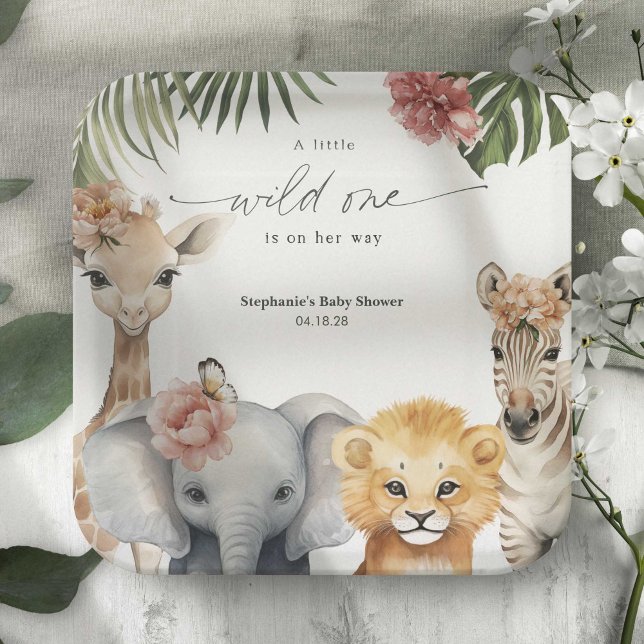 Hübsche Safari Tiere Wild One Baby Girl Dusche Pappteller (A little Wild One is on her way, Safari animal baby girl shower party paper plates.)