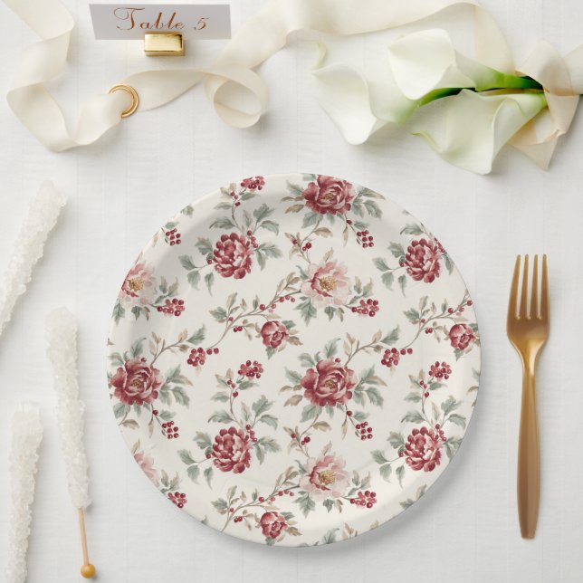 Hübsche Schicke Rote Creme Blumen Hochzeit Pappteller (Hochzeit)