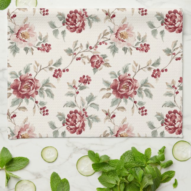 Hübsche Schicke Rote Creme Blumenhochzeit Geschirrtuch (Gefaltet)