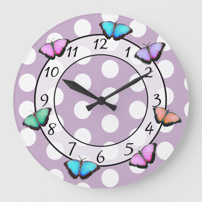 Hübsche Schmetterlinge Polka Dot Whimsical Clock Große Wanduhr (Vorderseite)