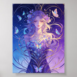 hübsche Schmetterlingsdame in Blau- und Violettfar Poster
