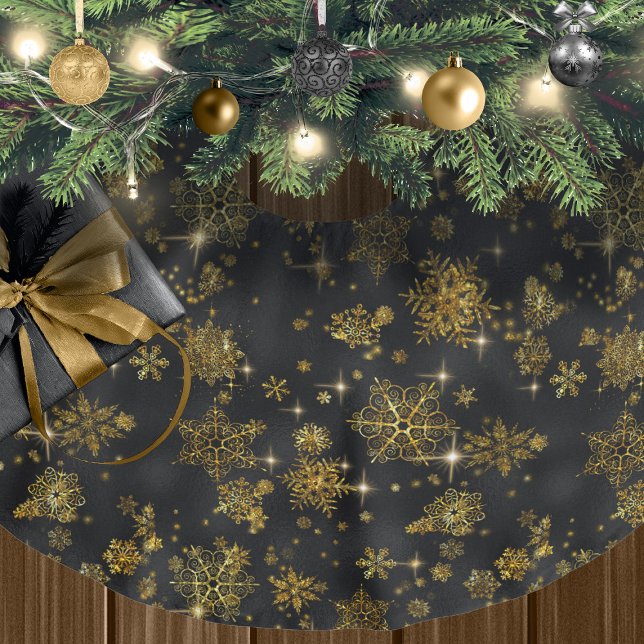 Hübsche Schneeflocken-Muster Schwarz/Gold-ID846 Polyester Weihnachtsbaumdecke (Von Creator hochgeladen)