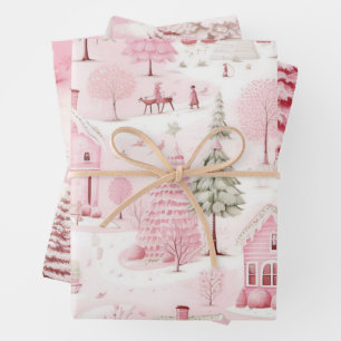 Hübsche Schneeszene Rosa Weihnachtsstadt Geschenkpapier Set