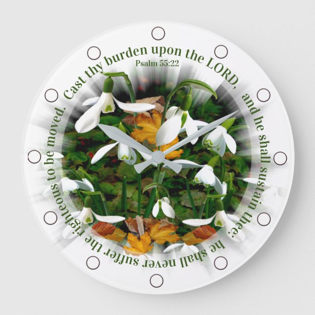 Hübsche Schneetropfen mit Psalm 55:22 Große Wanduhr (Vorderseite)