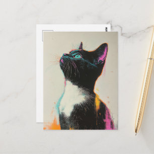 Hübsche schwarz-weiße Katze mit Rosa und Gelb Postkarte