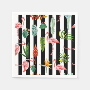 Hübsche Schwarz-weiße Streifen mit Flamingo Cactus Serviette