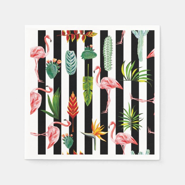 Hübsche Schwarz-weiße Streifen mit Flamingo Cactus Serviette (Vorderseite)