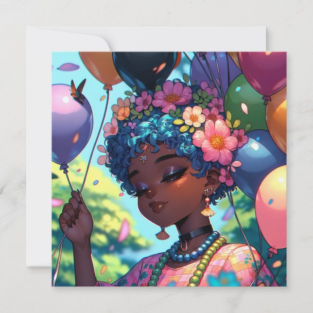 Hübsche Schwarze Anime-Girl mit Geburtstag Einladung (Vorderseite)