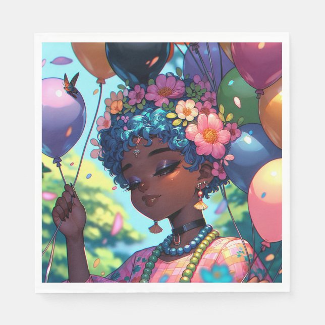 Hübsche Schwarze Anime-Girl mit Geburtstag Serviette (Vorderseite)