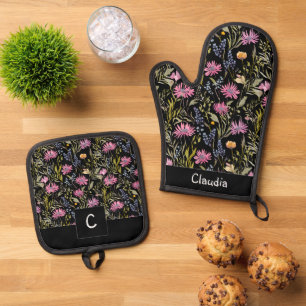 Hübsche Schwarze Flora Wildblumen Gemustert Elegan Ofenhandschuh & Topflappen-Set