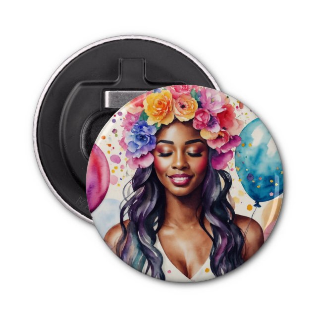 Hübsche Schwarze Frauen farbenfrohe Balloons Party Flaschenöffner (Vorderseite)