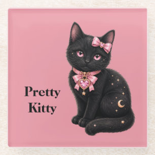 Hübsche schwarze Kätzchen-Katze in Rosa Glasuntersetzer