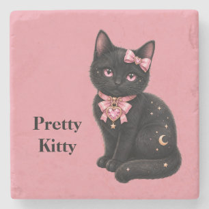 Hübsche schwarze Kätzchen-Katze in Rosa Steinuntersetzer