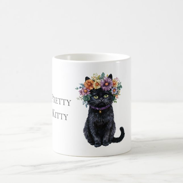 Hübsche schwarze Katze mit Blumen Kaffeetasse (Mittel)