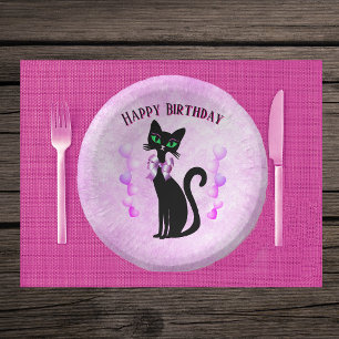 Hübsche schwarze Katze rosa Schleife helle Herzen  Pappteller