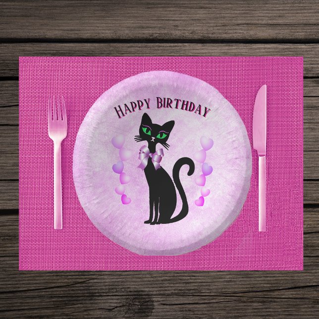 Hübsche schwarze Katze rosa Schleife helle Herzen  Pappteller (Pretty black cat wearing pink bow with bright pink purple hearts on pink Birthday paper party bowls.)