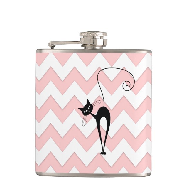 Hübsche schwarze Katze Zickzack blass pink Flachmann (Vorderseite)