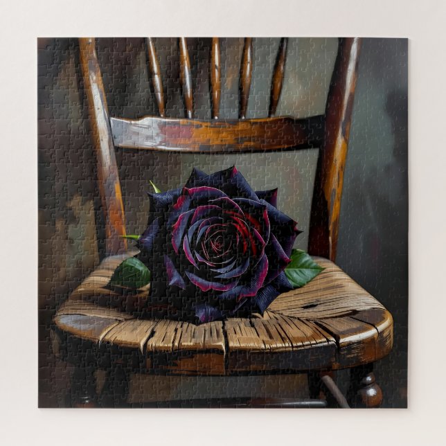 Hübsche schwarze Rose auf rustikalem Stuhl Valenti Puzzle (Vertikal)