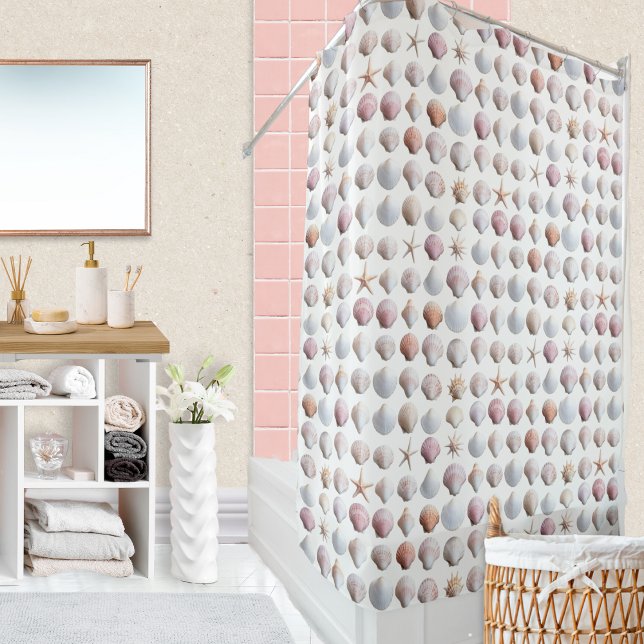 Hübsche Seashells Ozeansee Muschel Gemustert Duschvorhang (A stylish shower curtain with a pattern of white and pink seashells, for a summery nautical look)