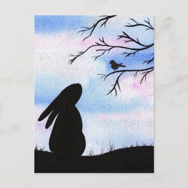 Hübsche Silhouette Bunny & Bird Postkarte (Vorderseite)