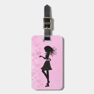 Hübsche Silhouette Girl with Hearts Pink and Black Gepäckanhänger