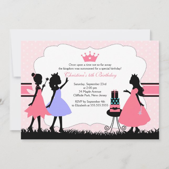 Hübsche Silhouette Rosa Prinzessin Geburtstagspart Einladung (Vorderseite)