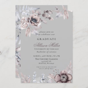 Hübsche Silver Gray Mauve Floral Graduation Party Einladung