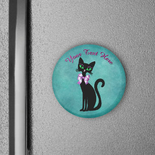 Hübsche sitzende schwarze Katze Rosa Schleife Grün Magnet