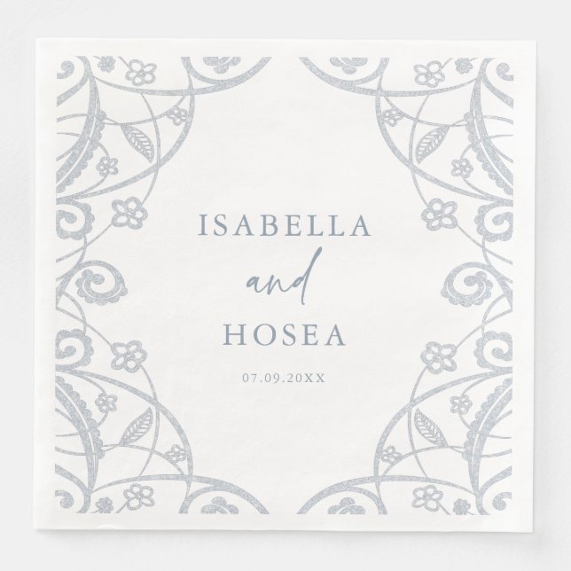 Hübsche Soft Dusty Blue Silver Floral Lace Wedding Serviette (Vorderseite)