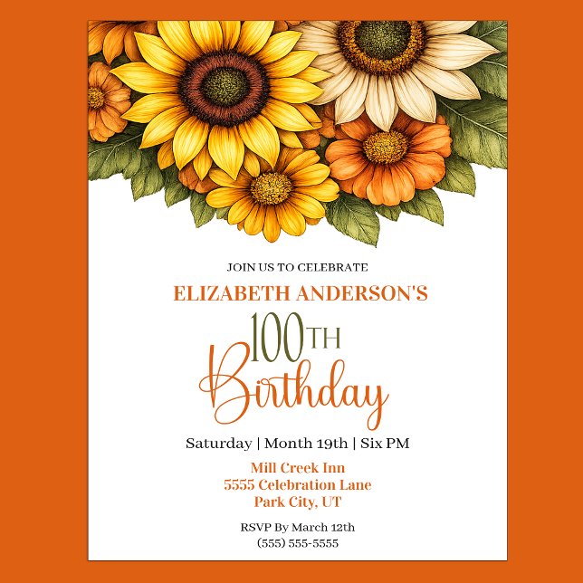 Hübsche Sonnenblume 100. Geburtstag Einladung (Pretty Sunflower 100th Birthday Invitation For Women.)