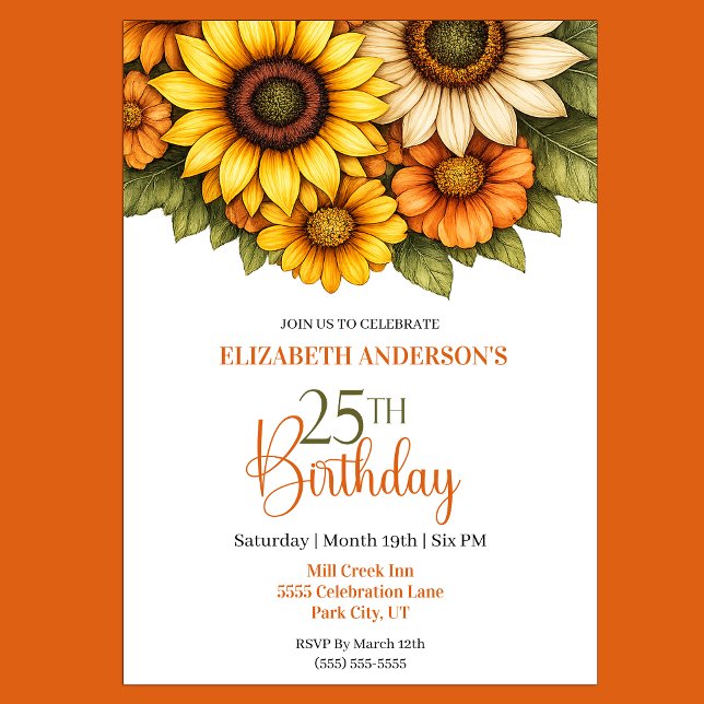Hübsche Sonnenblume 25. Geburtstag Einladung (Pretty Sunflower 25th Birthday Invitation For Her)